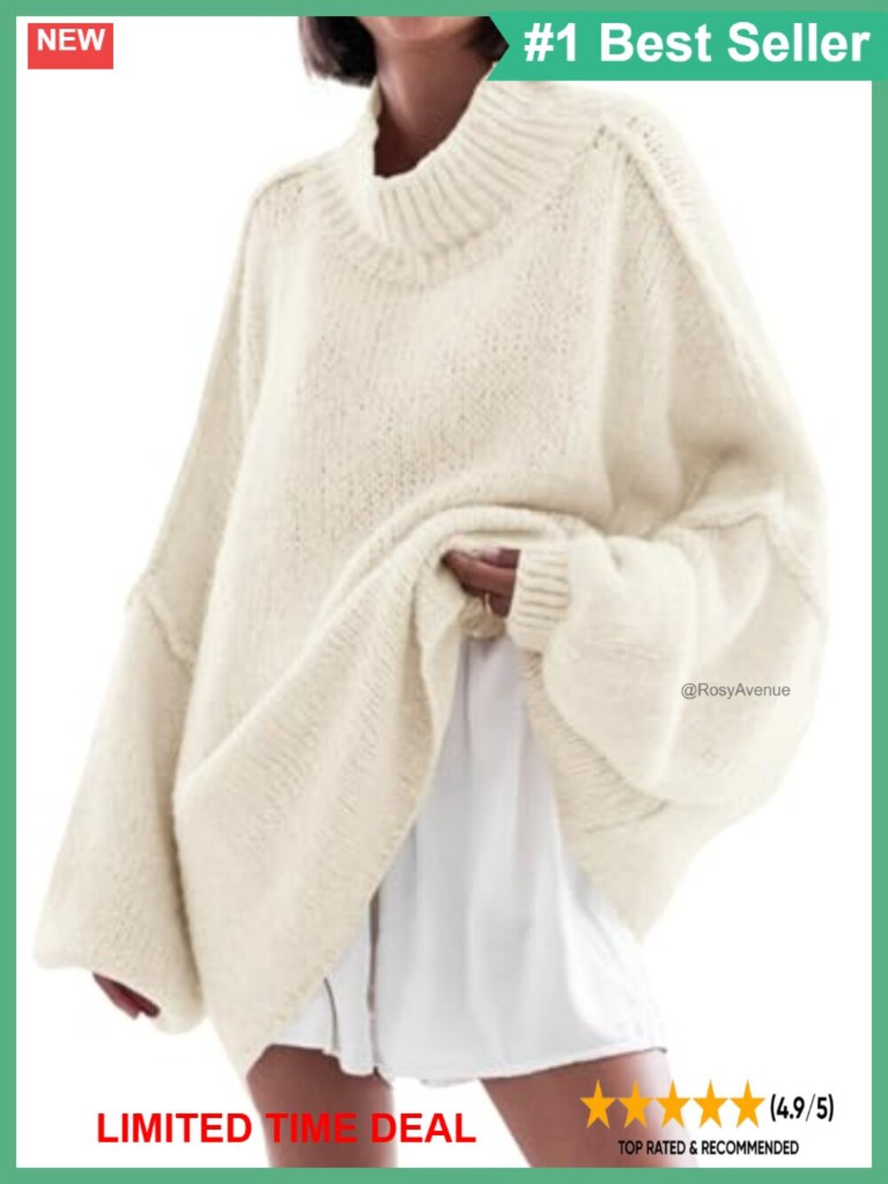 Oversized Mock Neck Tunic Sweater Ribbed Knit Batwing Long Sleeve Pullover